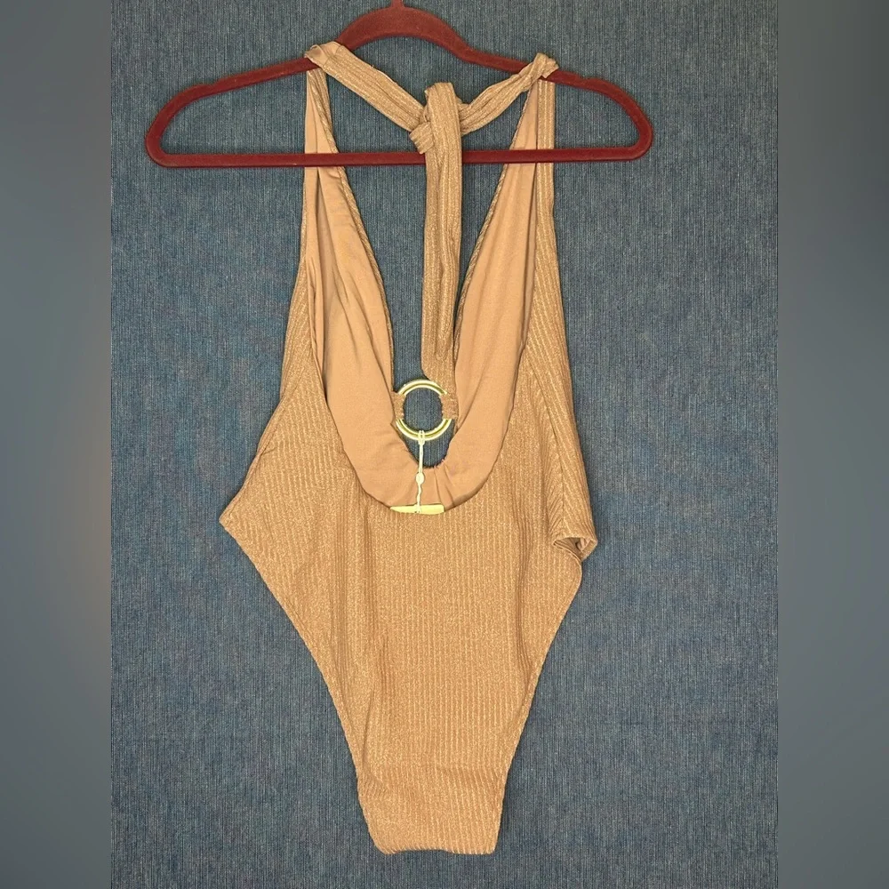 Monday Swimwear Shimmery Mauve Lurex One-Piece with Gold Accent
